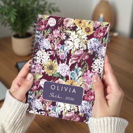 Elegant röd gul blomster Monogram mönster Anteckningsbok