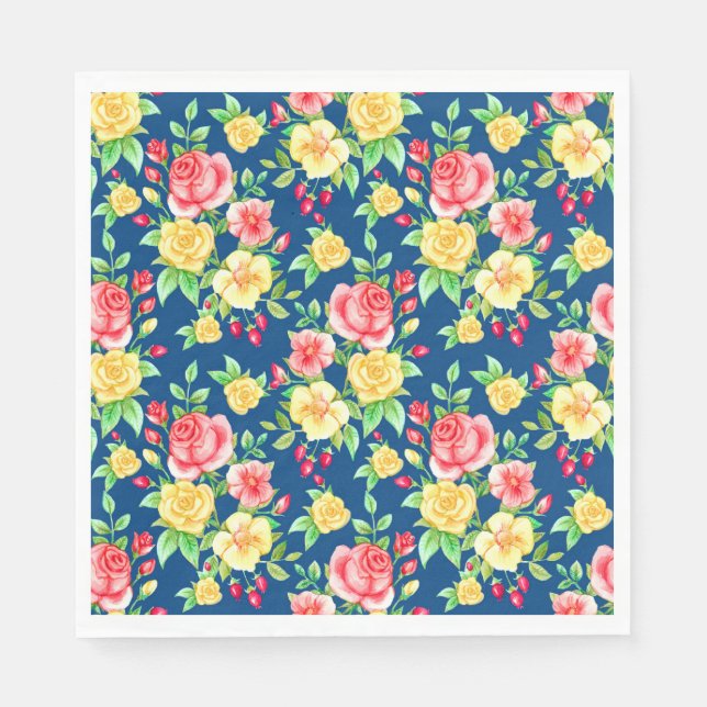 Elegant röd gul ros blommönster pappersservett (Framsidan)
