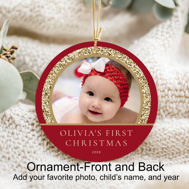 Elegant röd guld Baby's 1:a jul foton Julgransprydnad Keramik (Baby's 1st Christmas)