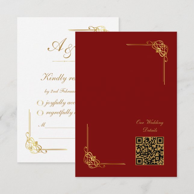 Elegant röd guld bröllopsevenemang QR-kod OSA Kort (Fram/baksida)