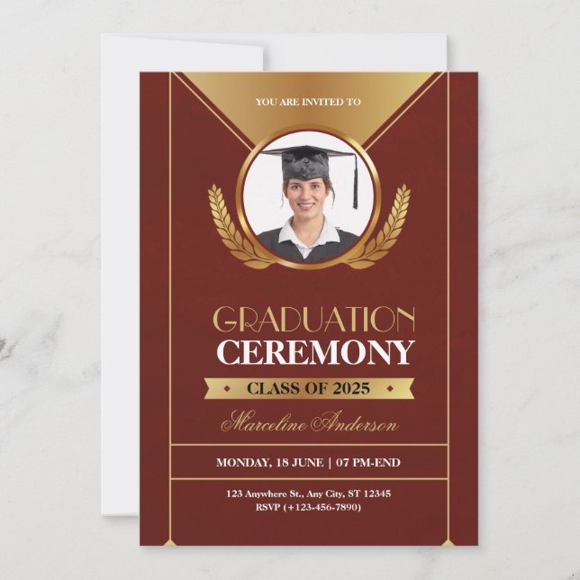Elegant röd guld examensceremoni inbjudan (Framsida)