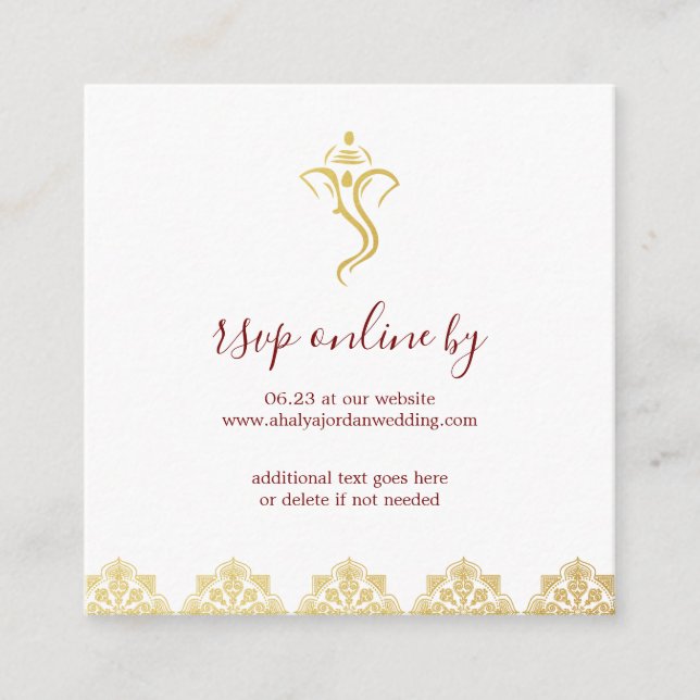 Elegant röd & guld Ganesha & Mehndi bröllop RSVP Tilläggskort (Framsida)