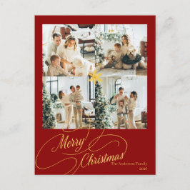 Elegant röd & guld God Jul familjefoto - Helg Vykort