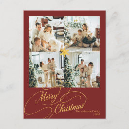 Elegant röd & guld God Jul familjefoto - Helg Vykort