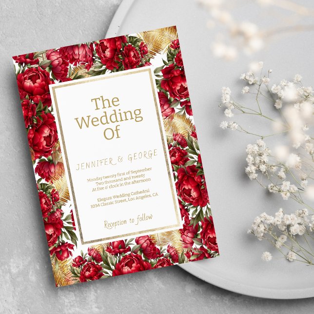 Elegant röd guld grön peon blommig bröllop inbjudningar (Elegant red gold green peonies floral wedding)