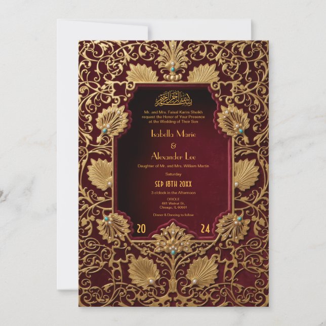 Elegant röd guld islamisk bröllopsinbjudan inbjudningar (Framsida)