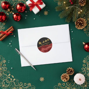 Elegant röd guld jul tomte släde God Jul Runt Klistermärke