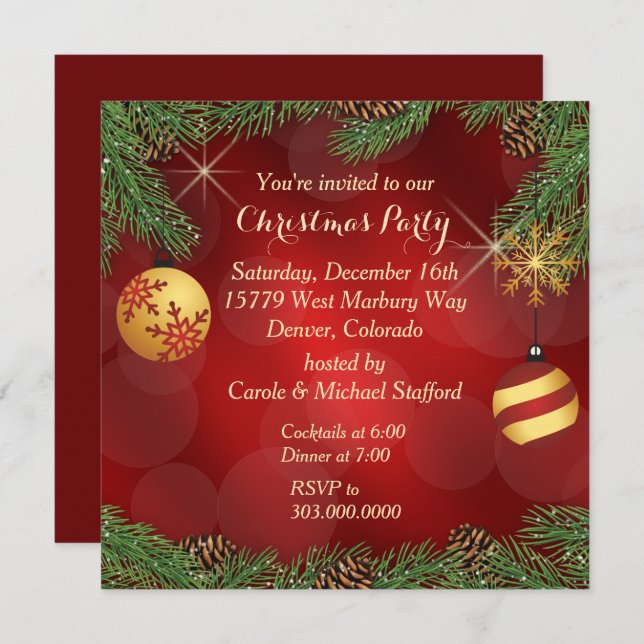 Elegant röd-guld julfest inbjudningar (Fram/baksida)