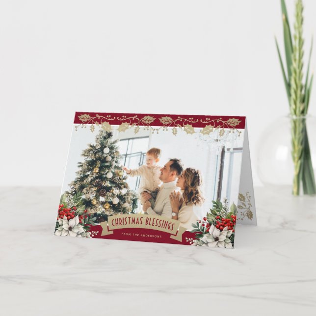 Elegant röd guld julhönsa Poinsettia Foto Kristet Helgkort (Framsida)