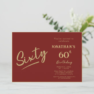 Elegant röd guld penselskrift 60-årsdag inbjudningar