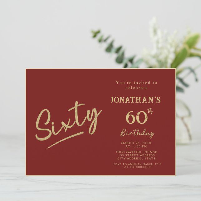 Elegant röd guld penselskrift 60-årsdag inbjudningar (Stående Fram)