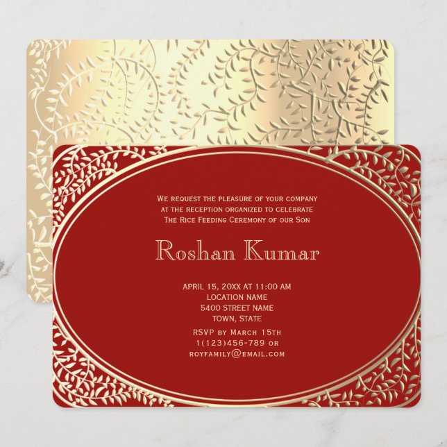 Elegant röd guld pojke Annaprashan Inbjudningar (Fram/baksida)