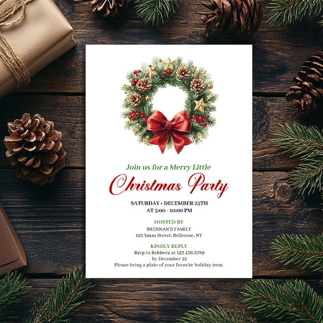 Elegant röd guld tallkrans julfest inbjudningar (Elegant Red Gold Pine Wreath Christmas Party Invitation)