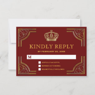 Elegant röd guld utsmyckad krona bröllop RSVP OSA Kort