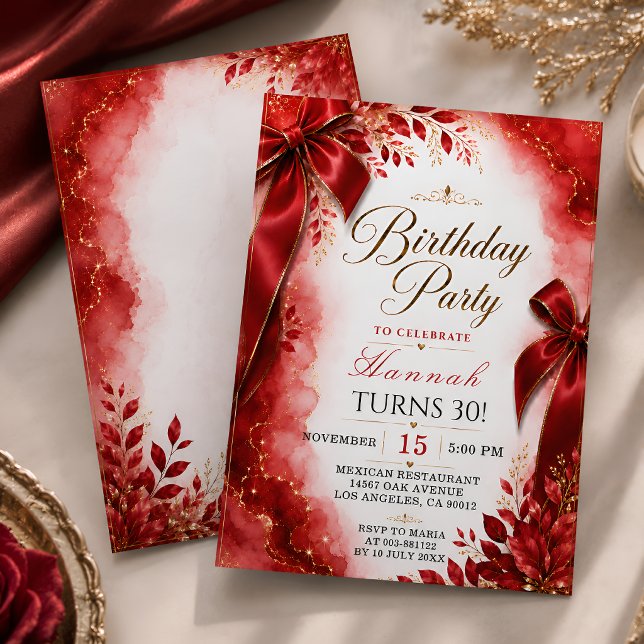 Elegant röd guld vattenfärg båge 30-års födelsedag inbjudningar (Skapare uppladdad)