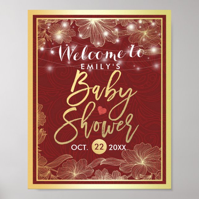 Elegant röd guldblommig ram Baby Shower Välkommen Poster (Framsidan)