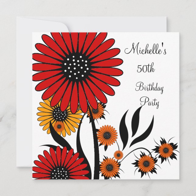 Elegant Röd Gult Blommigt Vit 50:e födelsedagen Inbjudningar (Framsida)