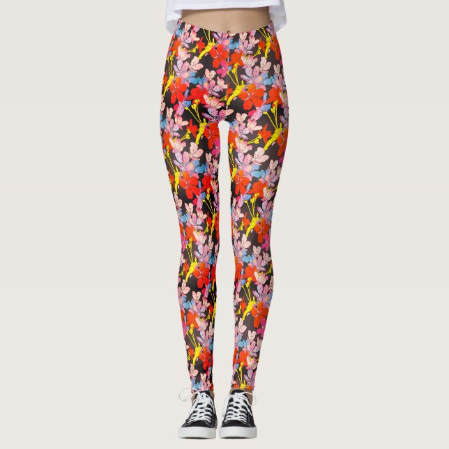 Elegant Röd Gult och Blå blomma Leggings (Framsida)