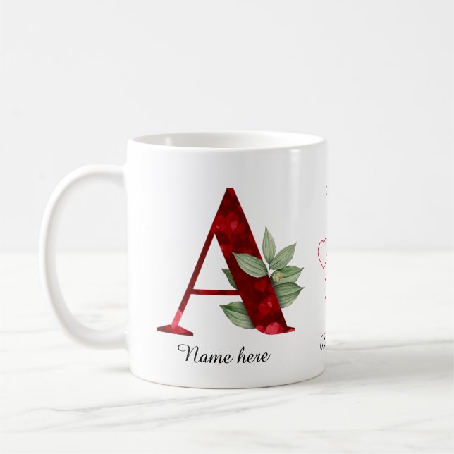 Elegant röd hjärta blomstermönster bokstav A kaffe Kaffemugg (Vänster)