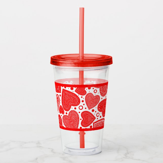 Elegant röd hjärtan och prickar mönster take away mugg (Framsida)