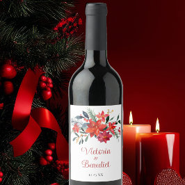 Elegant Röd jul Poinsettia Bröllop Anpassningsbar Vinflaska Etikett