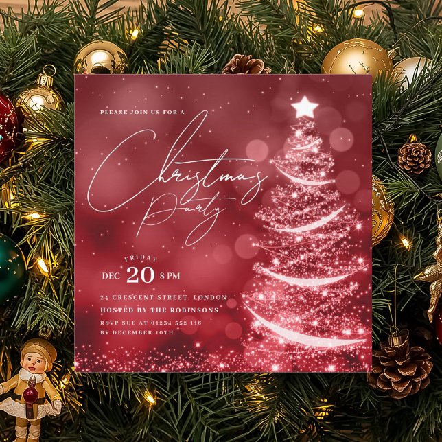 ELEGANT Röd julgran firande julfest  Inbjudningar (ELEGANT Red Winter Christmas Tree Party Invitation)