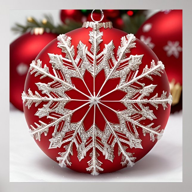 Elegant röd julgransprydnad med snöflinga poster (Framsidan)