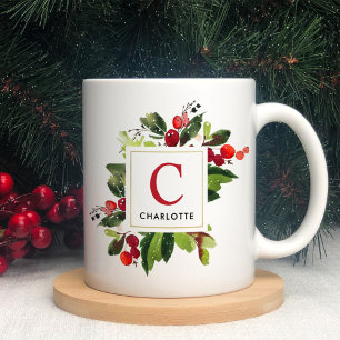 Elegant röd julgrön monogram kaffemugg