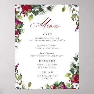 Elegant röd julros julbröllopsmeny poster