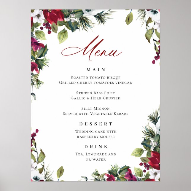 Elegant röd julros julbröllopsmeny poster (Framsidan)
