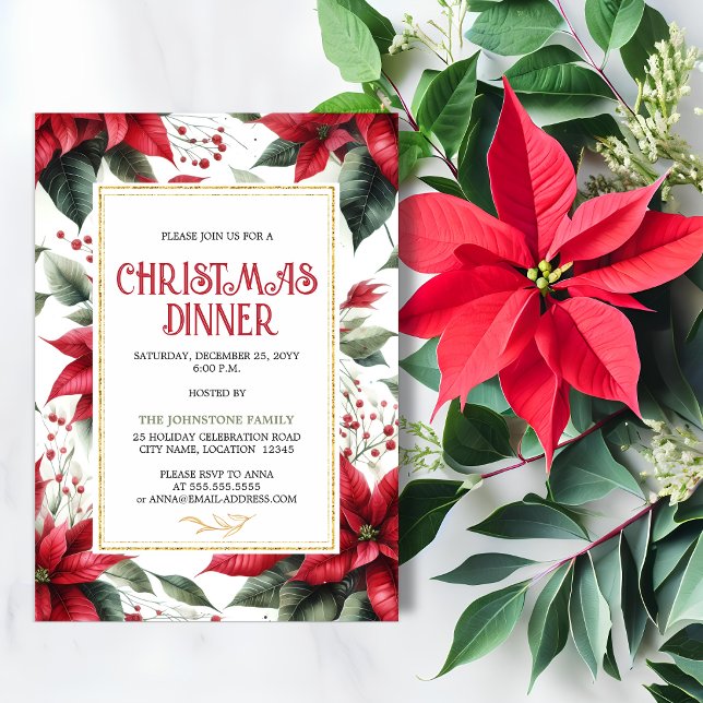 Elegant röd julstjärna julmiddag inbjudningar (Elegant red poinsettia Christmas Holiday dinner party invitation front view.)