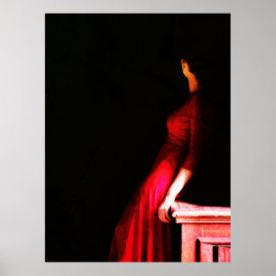 Elegant Röd Klänning Mystisk Kvinna i Skuggor Poster