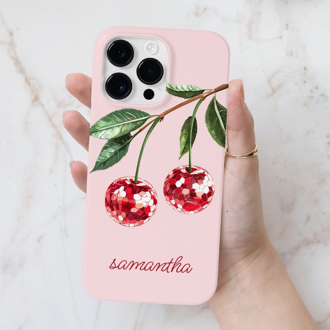 Elegant Röd Körsbär Personlig Skript Namn Rosa (Elegant Red Cherry Personalized Script Name Pink Case-Mate iPhone Case)