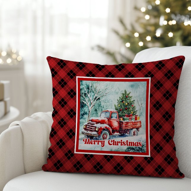 Elegant röd lastbil vinter scen rustik festlig  kudde (Classic Christmas  THROW PILLOW,
modern Traditional red truck car,
watercolor cozy Christmas scene,
)