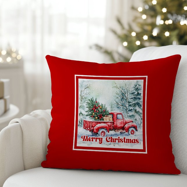 Elegant röd lastbil vinter scen rustik festlig   kudde (Elegant red truck winter scene rustic festive pillow joy

)