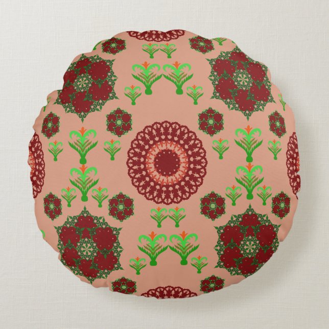 Elegant röd mandala geometrisk sovrum och heminred rund kudde (Framsidan)