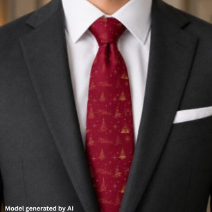 Elegant röd med guld julgran doodles slips