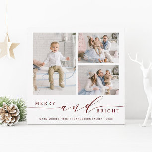 Elegant röd Merry & Bright 3 Foto fyrkant Julkort