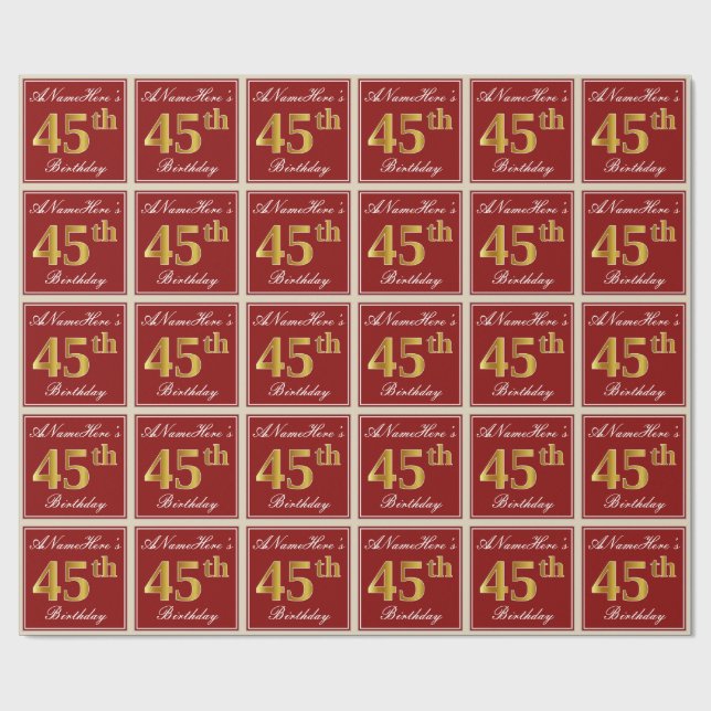 Elegant, Röd, Oäkta Guld 45-årsdag; Anpassat Namn Presentpapper (Platt)