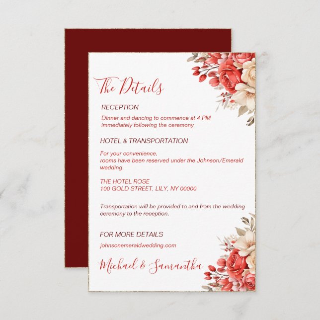 Elegant röd och elfenbensvit rosbröllop tilläggskort (Fram/baksida)