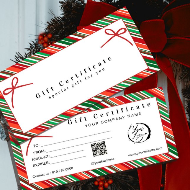 Elegant röd och grön randig presentkortsknute (Elegant Red & Green Striped Gift Certificate with Bows #zazzlemade #christmasvouchercard #holiday)