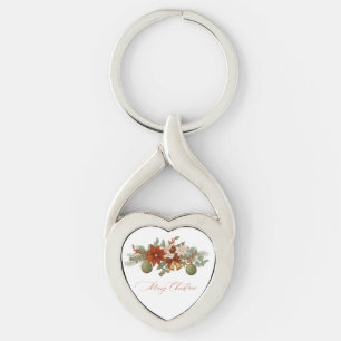Elegant Röd och grönt Blommigt jul Twisted Heart Silverfärgad Nyckelring