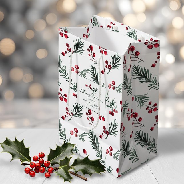 Elegant Röd och Grönt Botanisk jultid Anpassningsb (Elegant Red and Green Botanical Christmas Custom Medium Gift Bag)