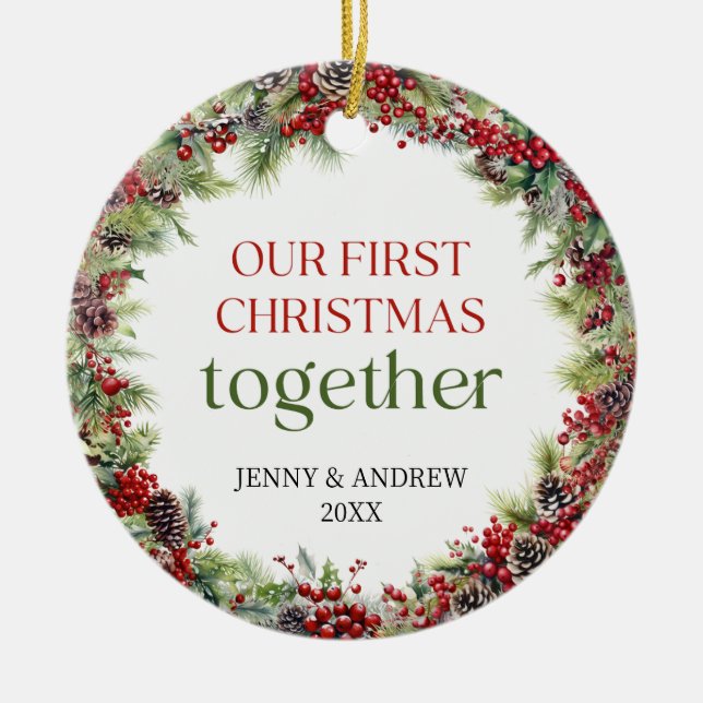 Elegant röd och grönt Vår första jul Julgransprydnad Keramik (Framsidan)