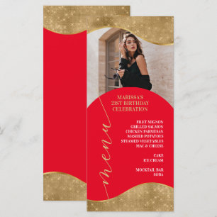 Elegant röd och gul menyplatshållare med foto meny