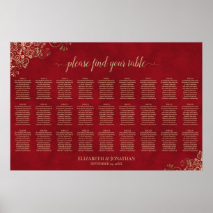 Elegant röd och guld 27 Bord Bröllopsplatskarta Poster