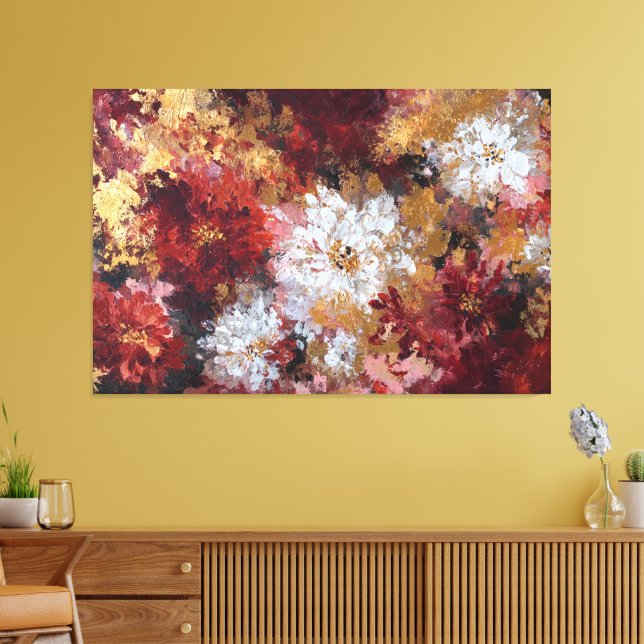 Elegant röd och guld blomstermässig abstrakt väggk canvastryck (Insitu (Vardagsrum))