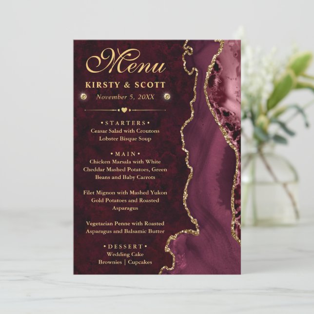Elegant röd och guld falsk glitter agat bröllop meny (Stående Fram)