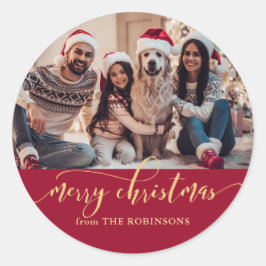 Elegant röd och guld familjefoto jul runt klistermärke