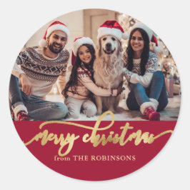 Elegant röd och guld familjefoto jul runt klistermärke